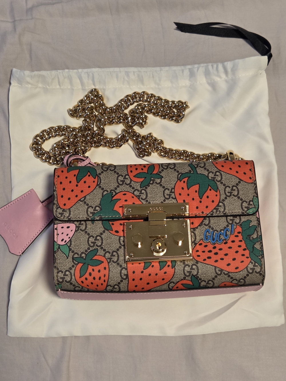 Gucci Strawberry Print Crossbody Bag in Brown, Pink & Green with Gold Chain
